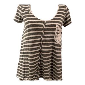 Sloane Rouge striped asymmetrical short sleeve with lace pocket detail